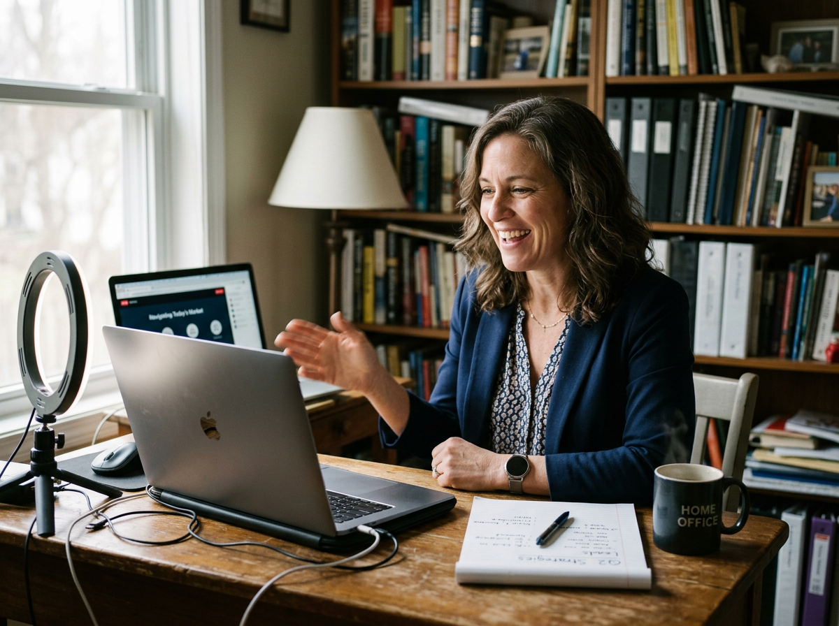 Real estate professional presenting an educational RECODemand webinar from her office